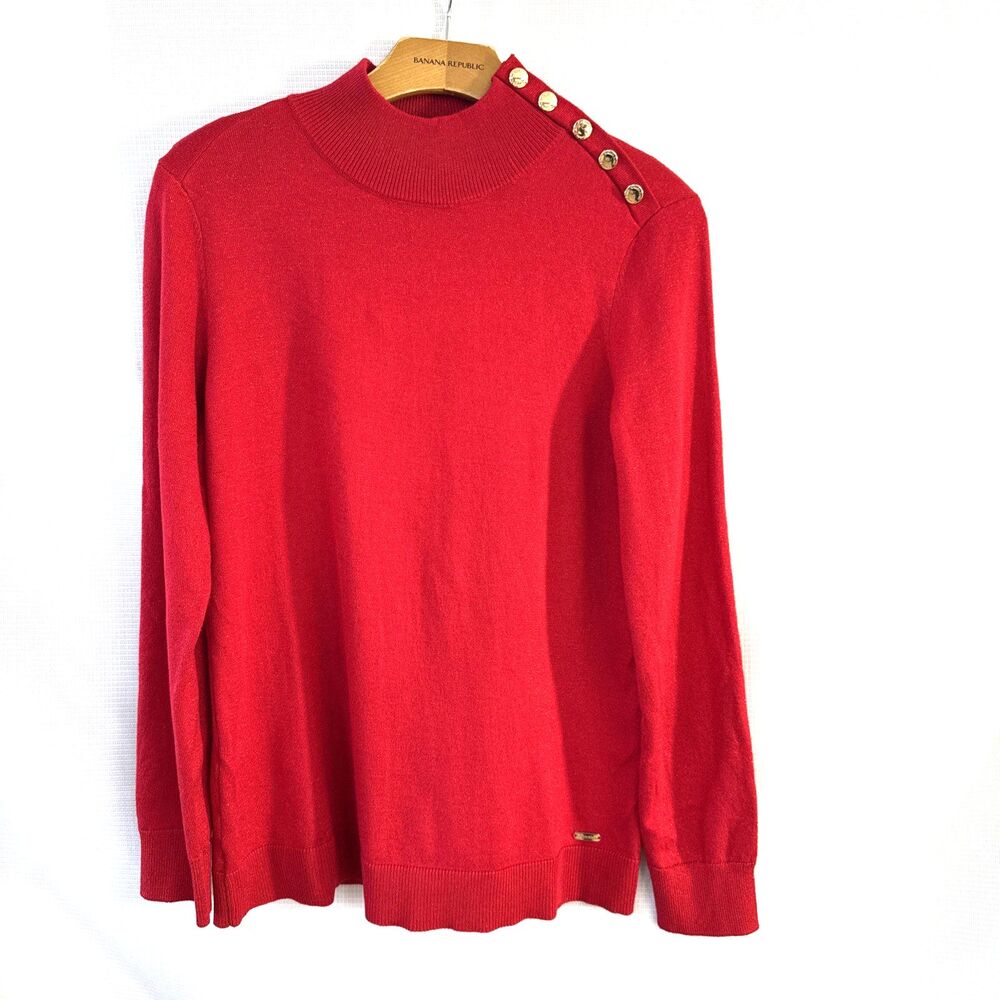 Calvin Klein Women's Long Sleeve High Neck Red Gold Sweater - M